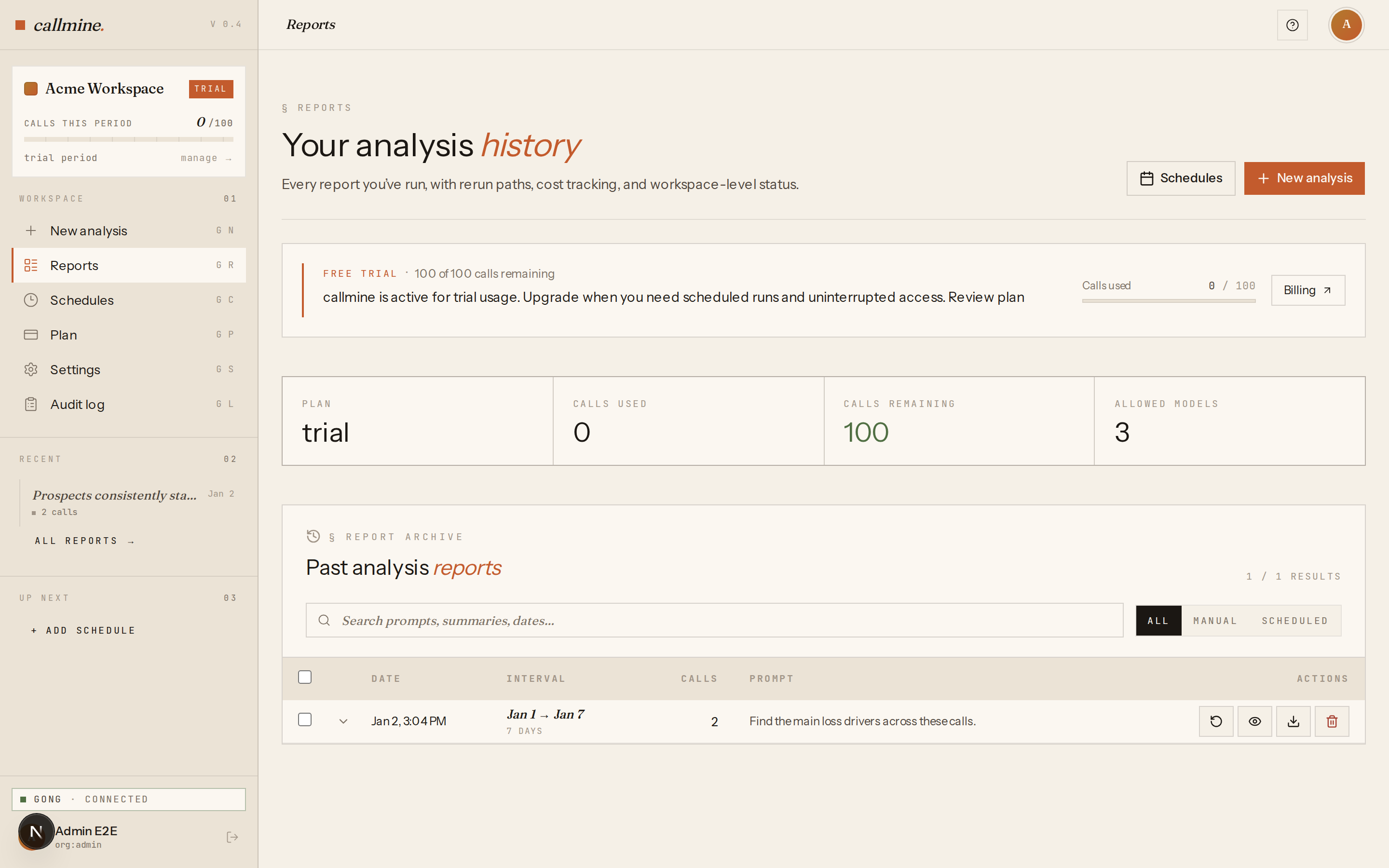Callmine dashboard showing the Past analysis reports table with one completed report row