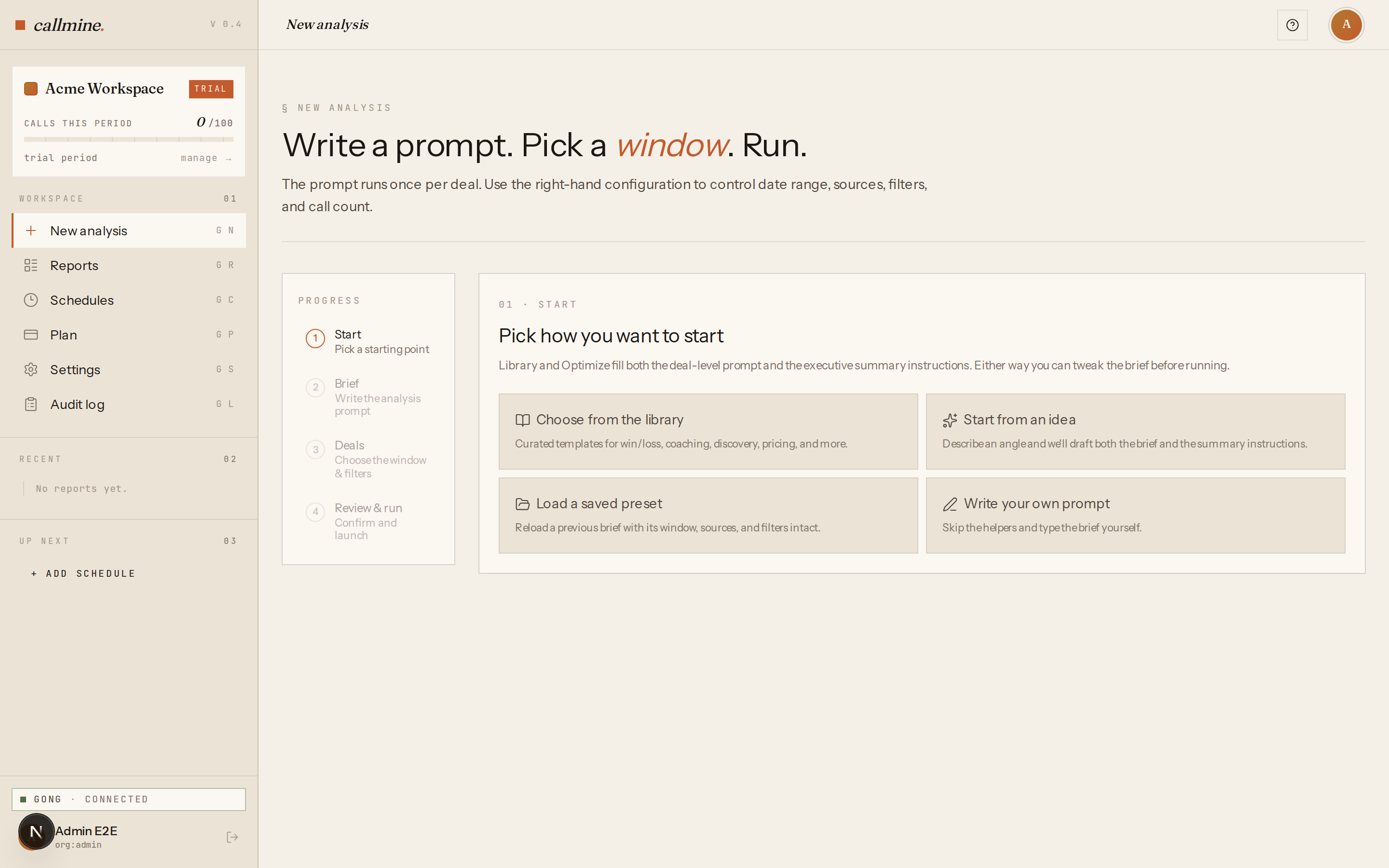 Callmine /new page showing the start-mode chooser with two cards: Choose from the library and Write your own prompt