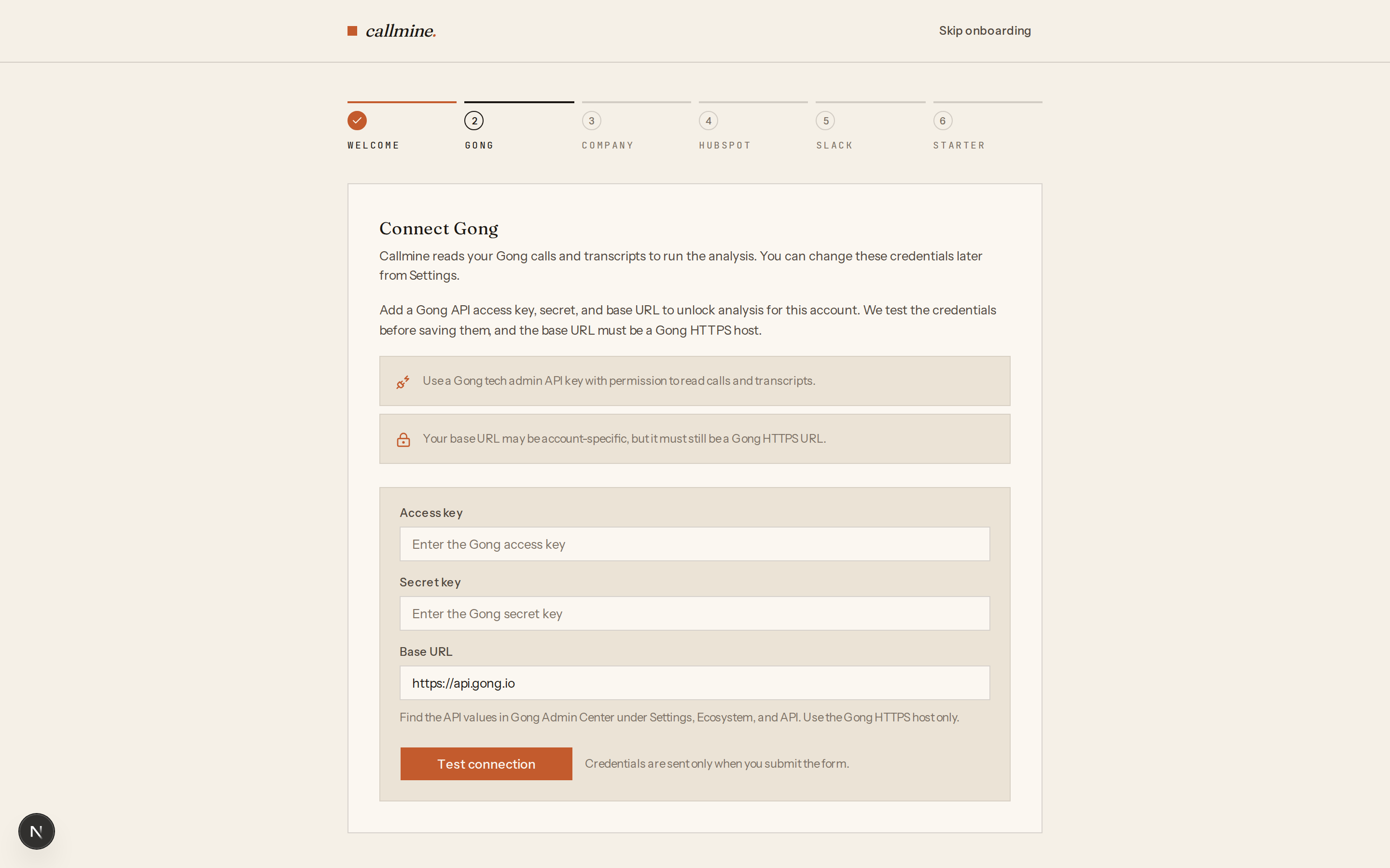 Callmine onboarding wizard, step 2 — Connect Gong form with access key, secret key, and base URL fields