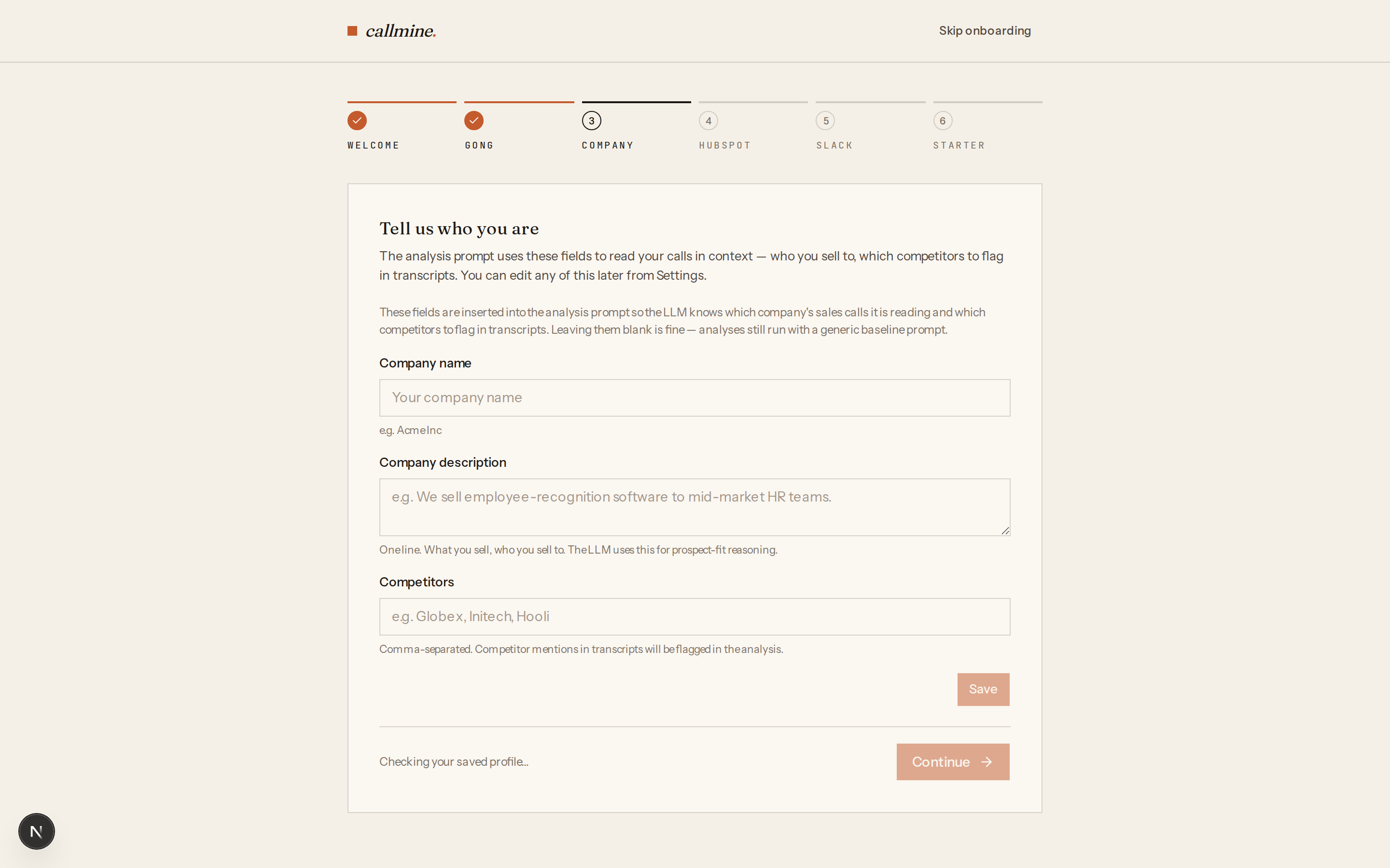 Callmine onboarding wizard, step 3 — Tell us who you are: company name and description