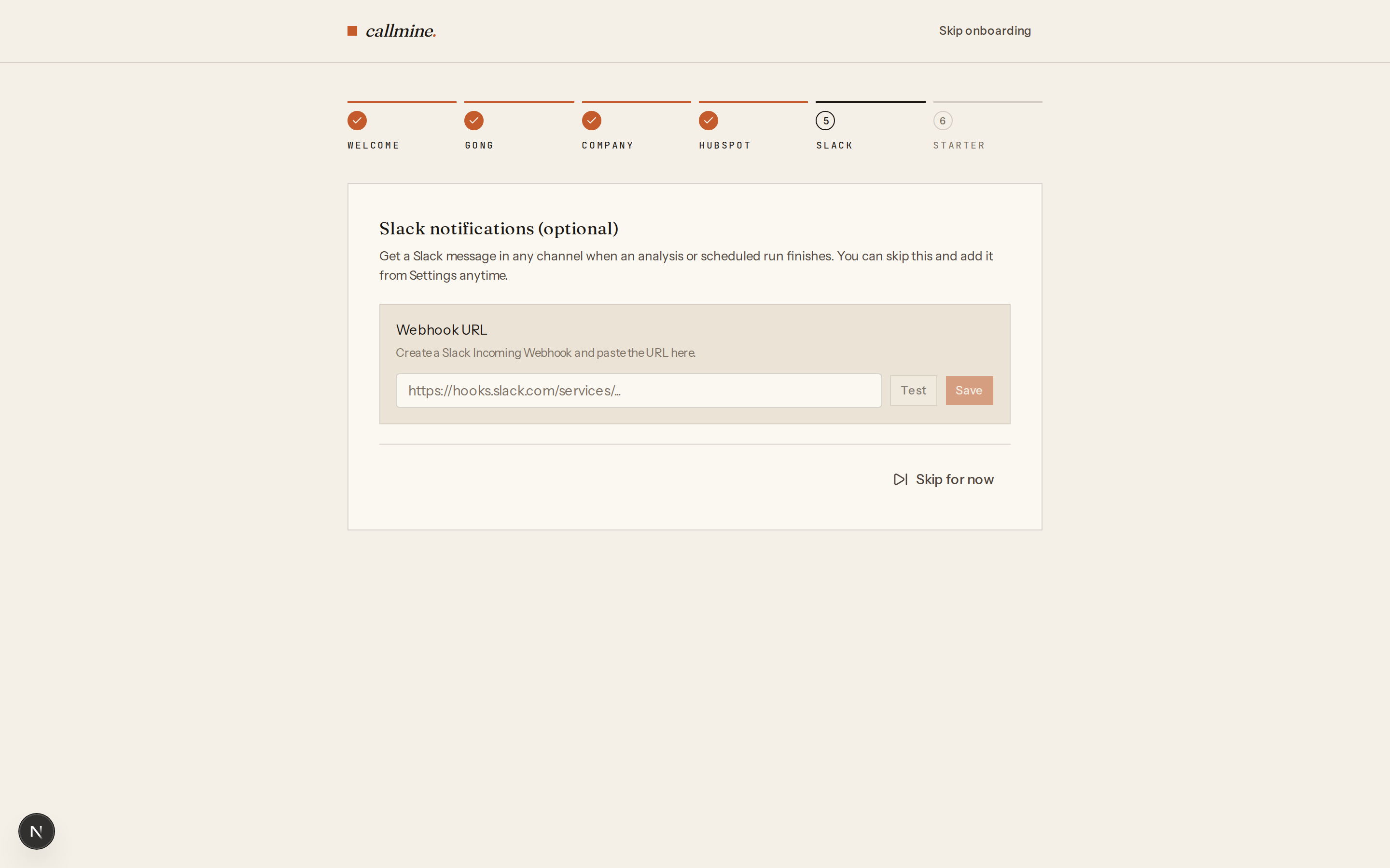 Callmine onboarding wizard, step 5 — Slack notifications setup with OAuth and webhook options