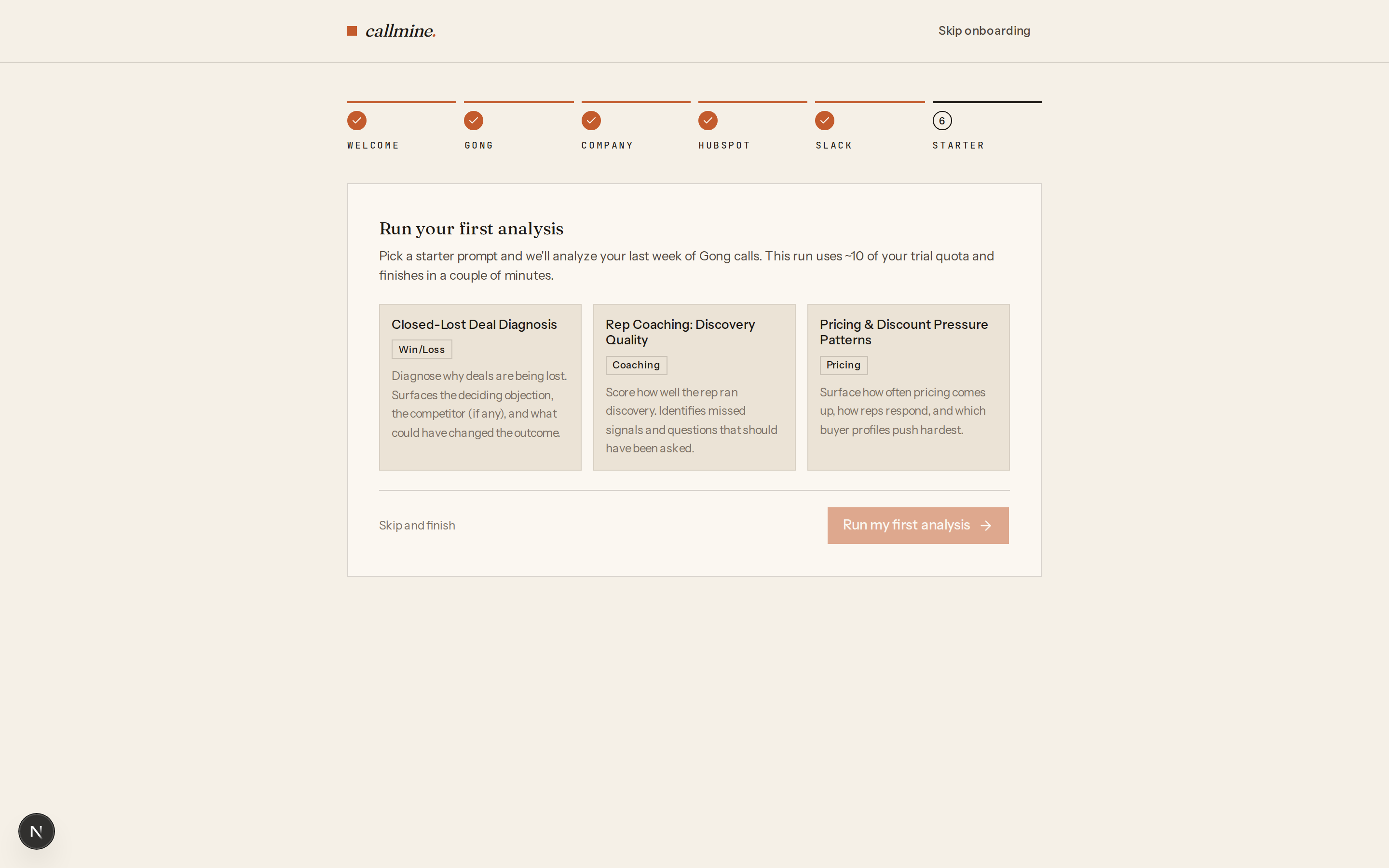 Callmine onboarding wizard, step 6 — three starter analysis cards including Closed-Lost Deal Diagnosis