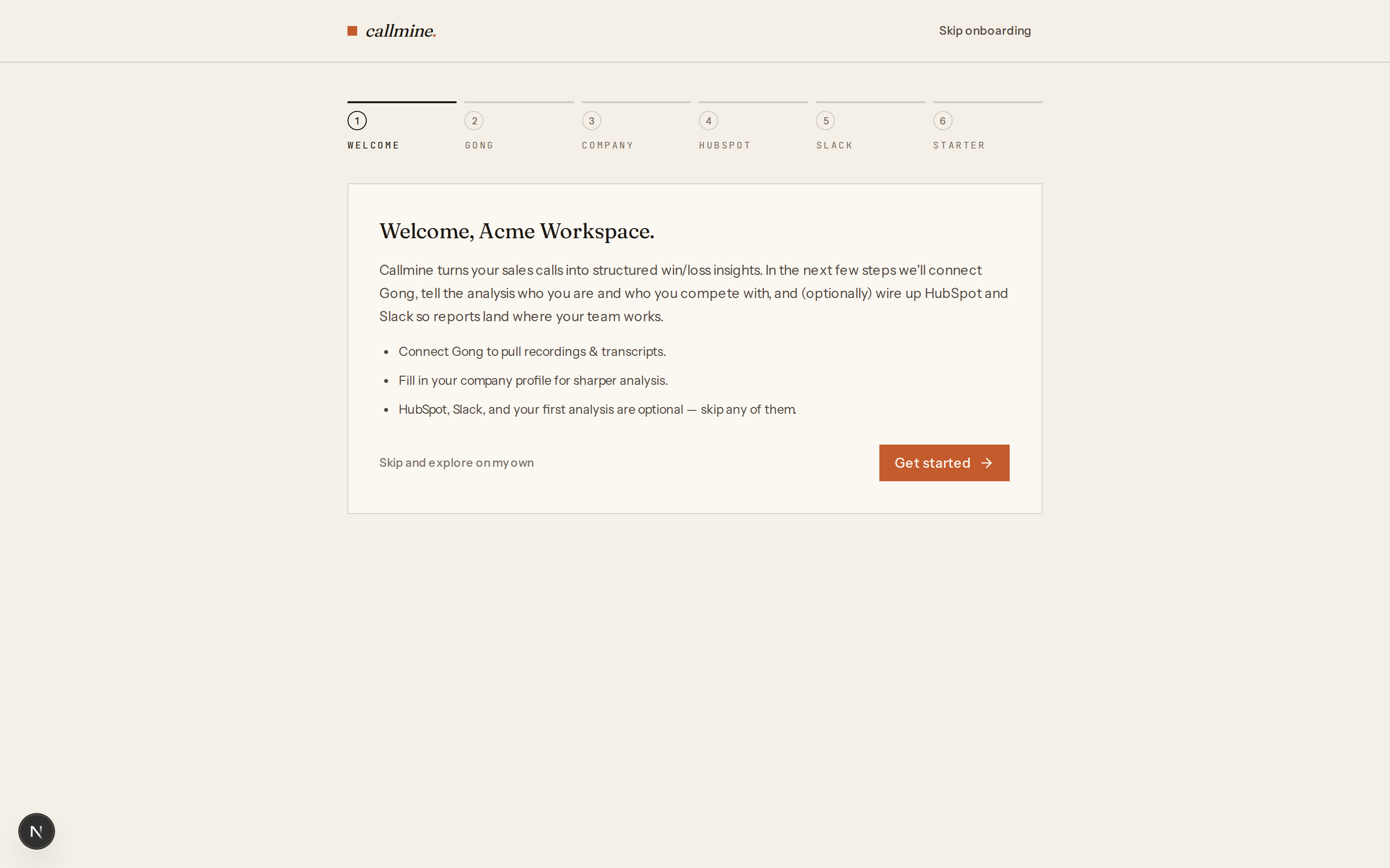 Callmine onboarding wizard, step 1 — Welcome screen with a Get started button