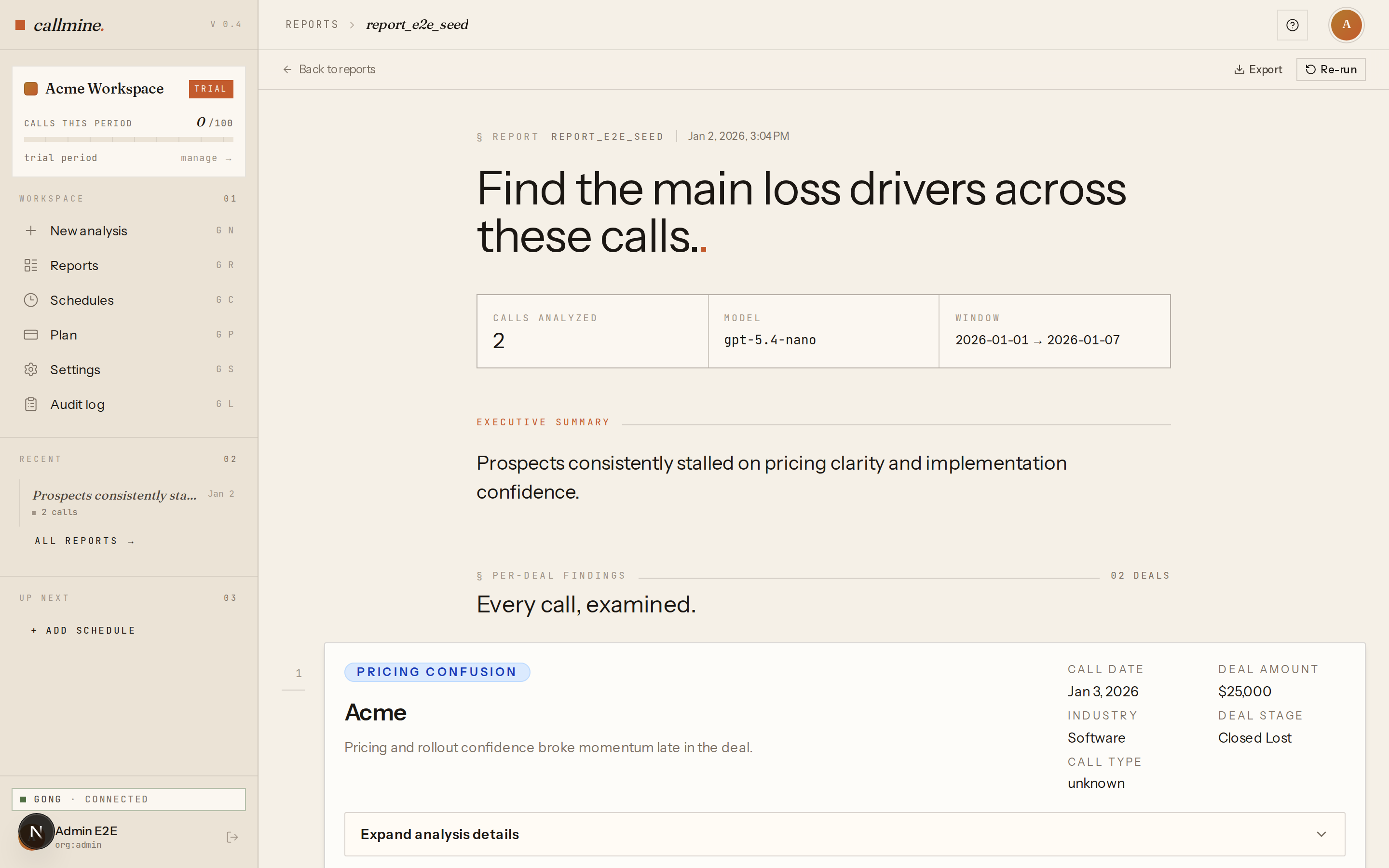 Callmine report detail page showing the executive summary at the top of a completed analysis report